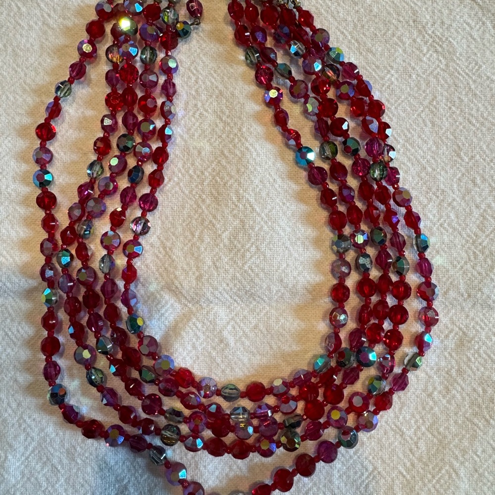 Vintage Red Multi-Strand Necklace with Glossy Beads